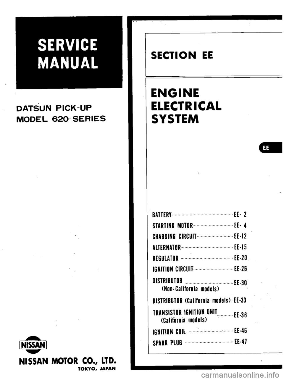 DATSUN PICK-UP 1977 Service Manual
DATSUN
PICK
UP
MODEL
620
SERIES
I
NISSAN
I
NISSAN
MOTOR
CO
LTD
TOKYO
JAPAN
SECTION
EE
ENGINE
ELECTRICAL
SYSTEM
BATTERY
EE
2
STARTING
MOTOR
EE
4
CHARGING
CIRCUIT
EE
12
A DATSUN PICK-UP 1977 Service Manual
DATSUN
PICK
UP
MODEL
620
SERIES
I
NISSAN
I
NISSAN
MOTOR
CO
LTD
TOKYO
JAPAN
SECTION
EE
ENGINE
ELECTRICAL
SYSTEM
BATTERY
EE
2
STARTING
MOTOR
EE
4
CHARGING
CIRCUIT
EE
12
A