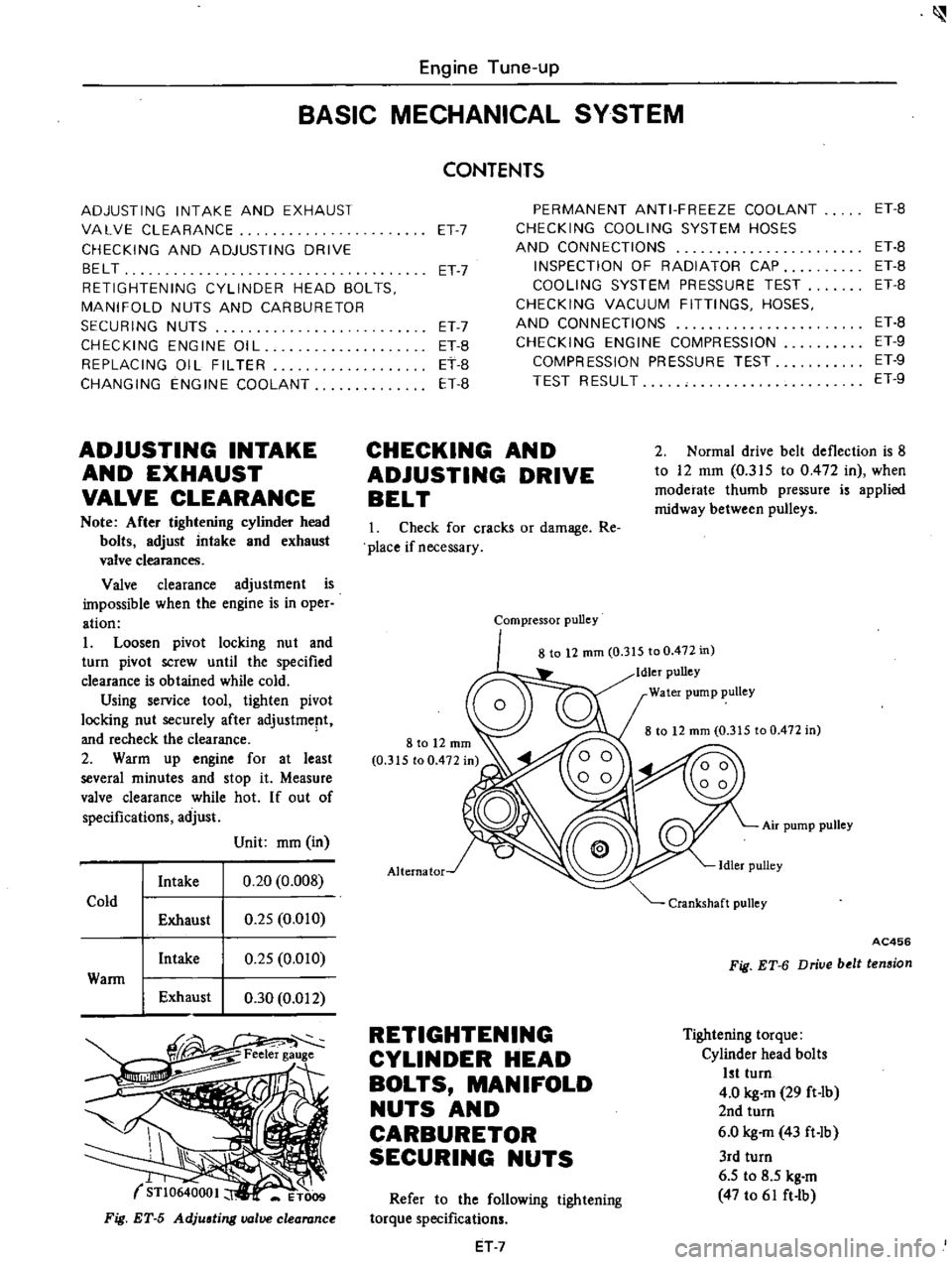 DATSUN PICK-UP 1977 User Guide 
Engine 
Tune

up

BASIC 
MECHANICAL 
SYSTEM

ADJUSTING 
INTAKE 
AND 
EXHAUST

VALVE 
CLEARANCE

CHECKING 
AND

ADJUSTING 
DRIVE

BELT

RETIGHTENING 
CYLINDER 
HEAD 
BOLTS

MANIFOLD 
NUTS 
AND 
CARBUR