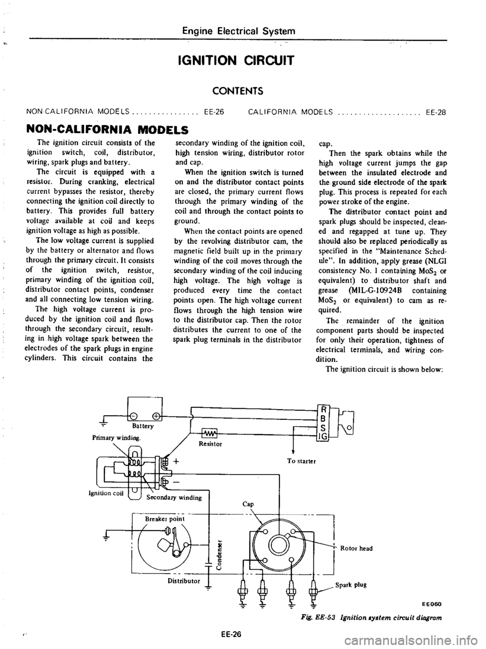 DATSUN PICK-UP 1977 Service Manual
NON
CALIFORNIA
MODELS
Engine
Electrical
System
IGNITION
CIRCUIT
CONTENTS
EE
26
CALIFORNIA
MODELS
EE
2B
NON
CALIFORNIA
MODELS
The
ignition
circuit
consists
of
the
ignition
swi DATSUN PICK-UP 1977 Service Manual
NON
CALIFORNIA
MODELS
Engine
Electrical
System
IGNITION
CIRCUIT
CONTENTS
EE
26
CALIFORNIA
MODELS
EE
2B
NON
CALIFORNIA
MODELS
The
ignition
circuit
consists
of
the
ignition
swi