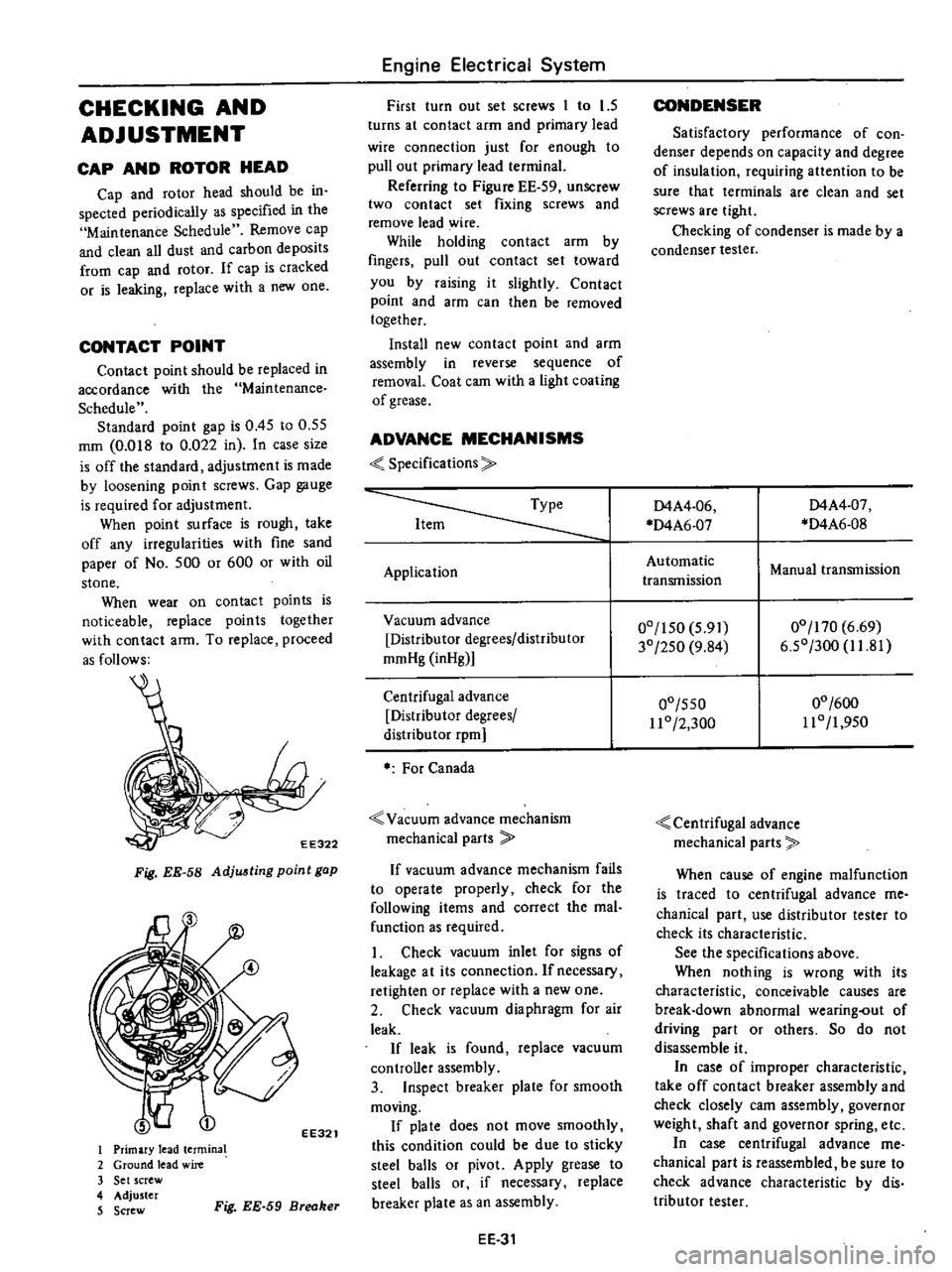 DATSUN PICK-UP 1977 Service Manual
CHECKING
AND
ADJUSTMENT
CAP
AND
ROTOR
HEAD
Cap
and
rotor
head
should
be
in
spected
periodically
as
specified
in
the
Maintenance
Schedule
Remove
cap
and
clean
all
dust
and DATSUN PICK-UP 1977 Service Manual
CHECKING
AND
ADJUSTMENT
CAP
AND
ROTOR
HEAD
Cap
and
rotor
head
should
be
in
spected
periodically
as
specified
in
the
Maintenance
Schedule
Remove
cap
and
clean
all
dust
and