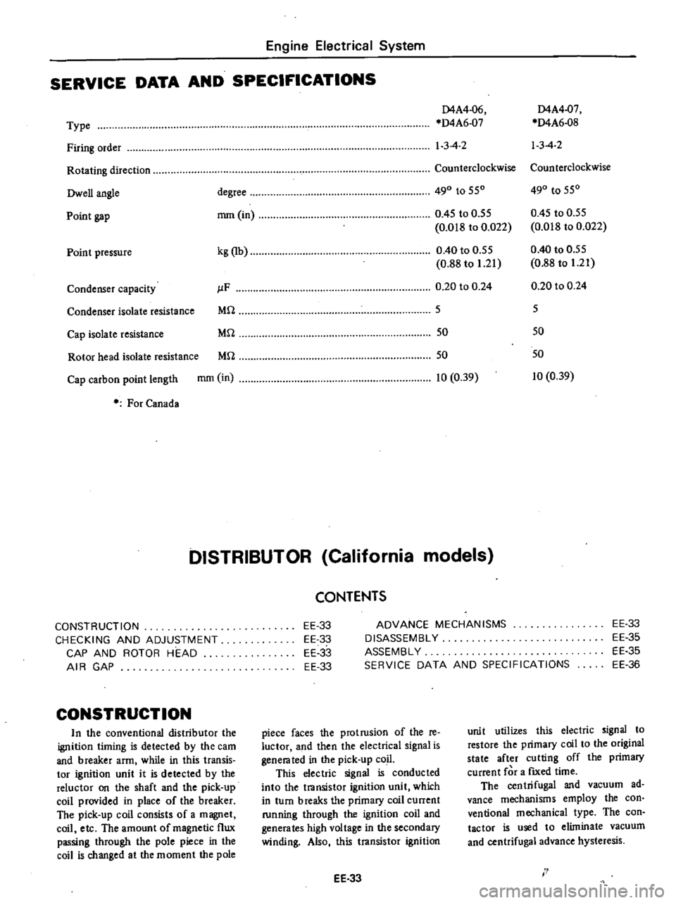 DATSUN PICK-UP 1977 Service Manual
Engine
Electrical
System
SERVICE
DATA
AND
SPECIFICATIONS
D4A4
06
D4A4
07
Type
D4A6
07
D4A6
08
Firing
order
1
3
4
2
13
4
2
Rotating
direction
Counterclockwise
Counterclockwis DATSUN PICK-UP 1977 Service Manual
Engine
Electrical
System
SERVICE
DATA
AND
SPECIFICATIONS
D4A4
06
D4A4
07
Type
D4A6
07
D4A6
08
Firing
order
1
3
4
2
13
4
2
Rotating
direction
Counterclockwise
Counterclockwis