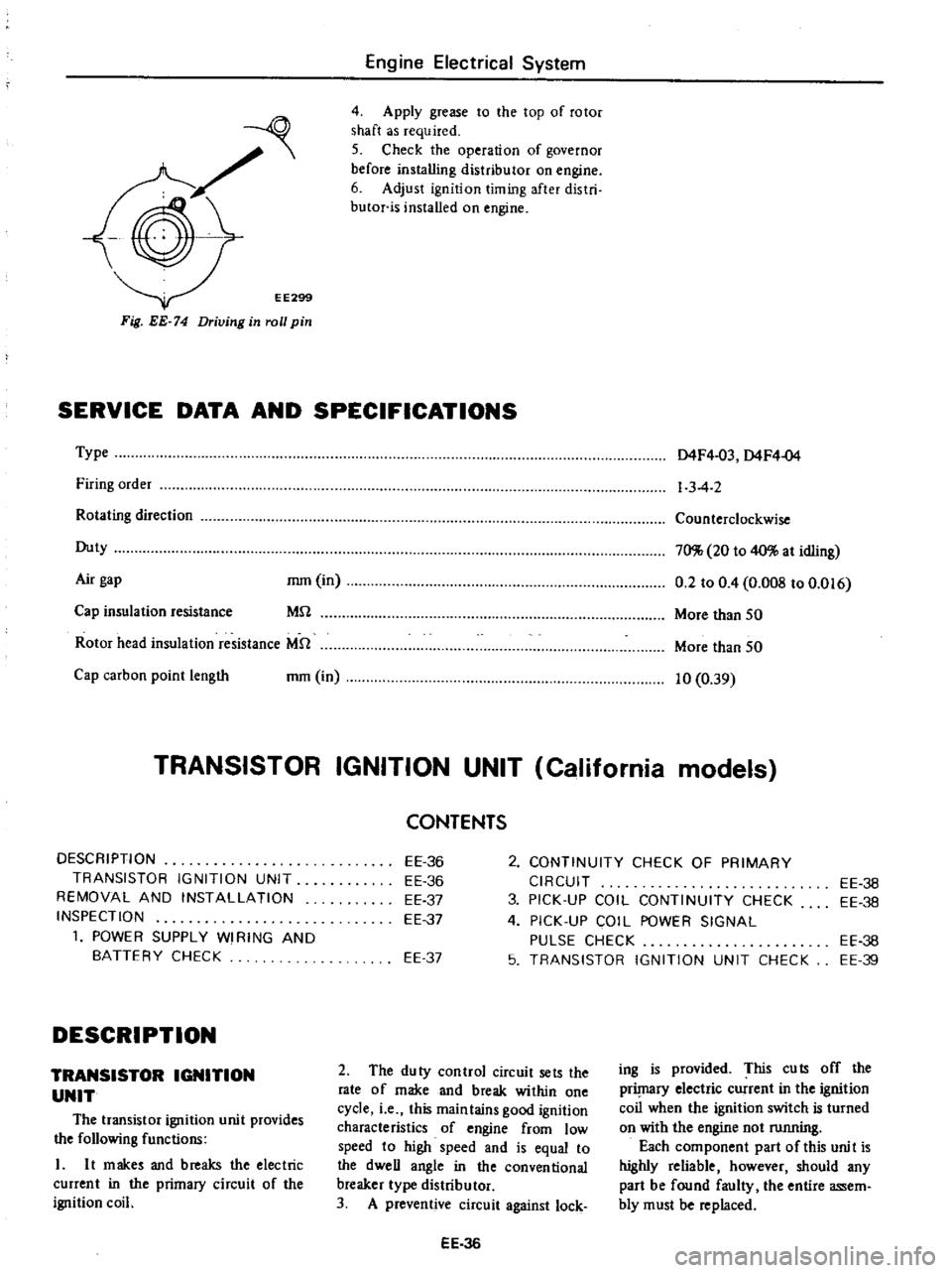 DATSUN PICK-UP 1977 Service Manual
EE299
Fig
EE
74
Driving
in
roll
pin
Engine
Electrical
System
4
Apply
grease
to
the
top
of
rotor
shaft
as
required
5
Check
the
operation
of
governor
before
installing
dis DATSUN PICK-UP 1977 Service Manual
EE299
Fig
EE
74
Driving
in
roll
pin
Engine
Electrical
System
4
Apply
grease
to
the
top
of
rotor
shaft
as
required
5
Check
the
operation
of
governor
before
installing
dis