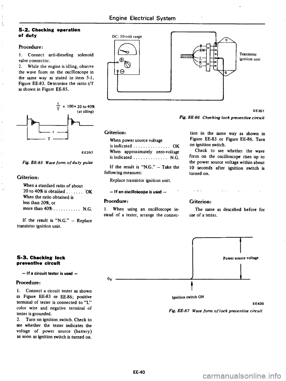 DATSUN PICK-UP 1977 Service Manual
5
2
Checking
operation
of
duty
Procedure
Connect
anti
dieseling
solenoid
valve
connector
2
While
the
engine
is
idling
observe
the
wave
ronn
on
the
oscilloscope
in
the
same DATSUN PICK-UP 1977 Service Manual
5
2
Checking
operation
of
duty
Procedure
Connect
anti
dieseling
solenoid
valve
connector
2
While
the
engine
is
idling
observe
the
wave
ronn
on
the
oscilloscope
in
the
same