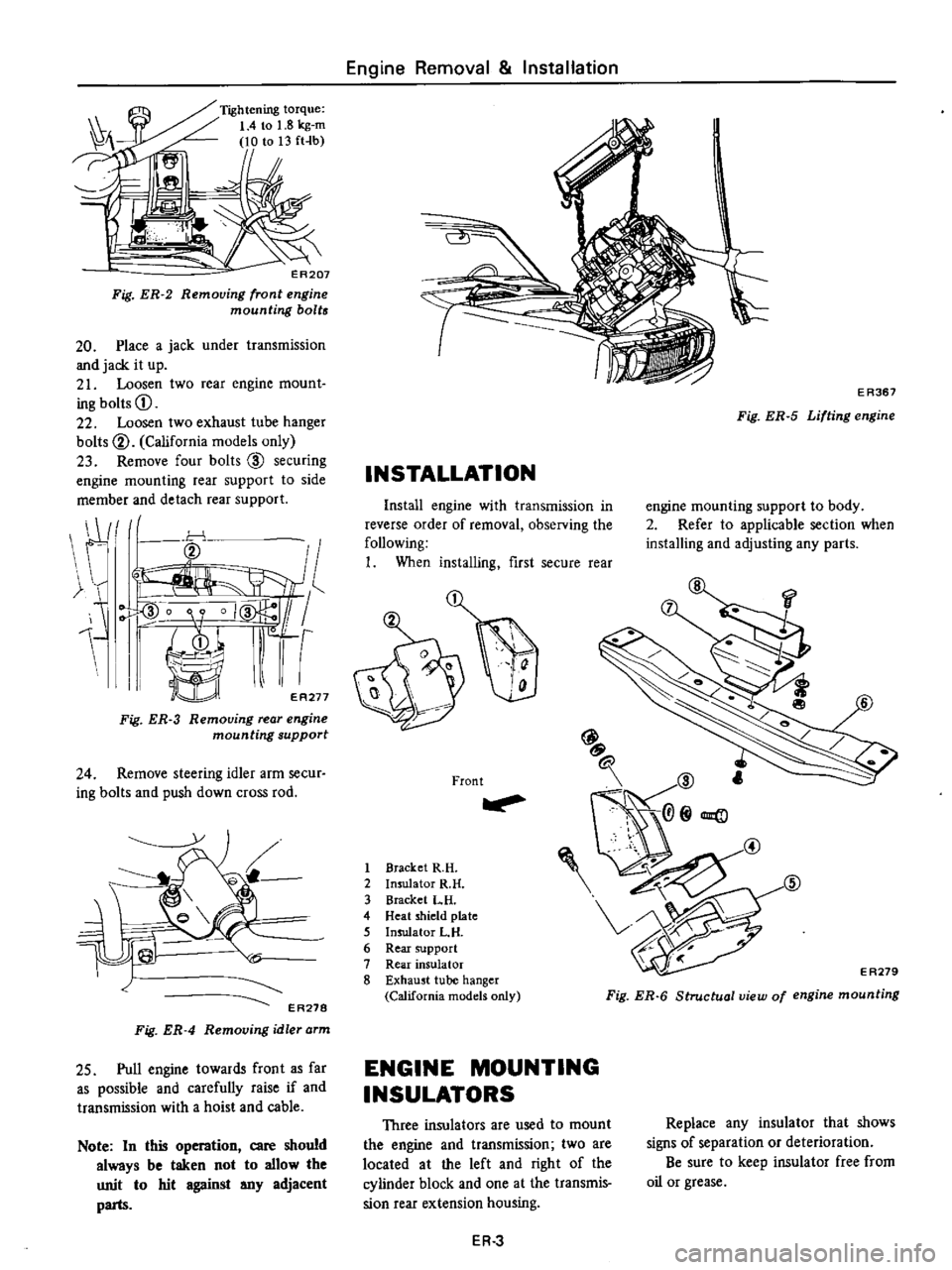 DATSUN PICK-UP 1977 Service Manual
Fig
ER
2
ER207
Removing
front
engine
mounting
bolts
20
Place
a
jack
under
transmission
and
jack
it
up
21
Loosen
two
rear
engine
mount
ing
bolts
CD
22
Loosen
two
exhaust DATSUN PICK-UP 1977 Service Manual
Fig
ER
2
ER207
Removing
front
engine
mounting
bolts
20
Place
a
jack
under
transmission
and
jack
it
up
21
Loosen
two
rear
engine
mount
ing
bolts
CD
22
Loosen
two
exhaust