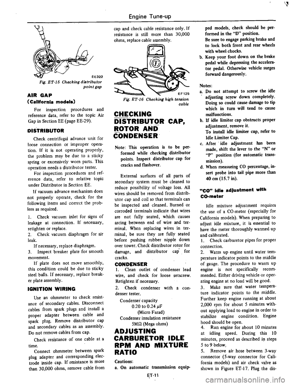 DATSUN PICK-UP 1977  Service Manual 
EE322

Fig 
ET 
15 
Checking 
diltribu 
tor

point

gap

AIR 
GAP

California 
models

For

inspection 
procedures 
and

reference 
data 
refer

to 
the

topic 
Air

Gap 
in

Section 
EE

page 
EE 
2