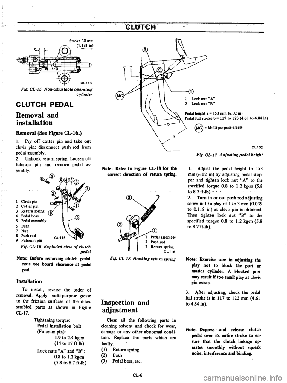 DATSUN PICK-UP 1977 Owners Guide
Stroke
30
mm
Jt
i
I
1
18
in
Sj
1
i
J
o
Fig
CL
15
Non
adj
table
operating
cylinder
CLUTCH
PEDAL
Removal
and
installation
Removal
See
Figure
CL
16
1
Pry
off
cotter
pin
DATSUN PICK-UP 1977 Owners Guide
Stroke
30
mm
Jt
i
I
1
18
in
Sj
1
i
J
o
Fig
CL
15
Non
adj
table
operating
cylinder
CLUTCH
PEDAL
Removal
and
installation
Removal
See
Figure
CL
16
1
Pry
off
cotter
pin
