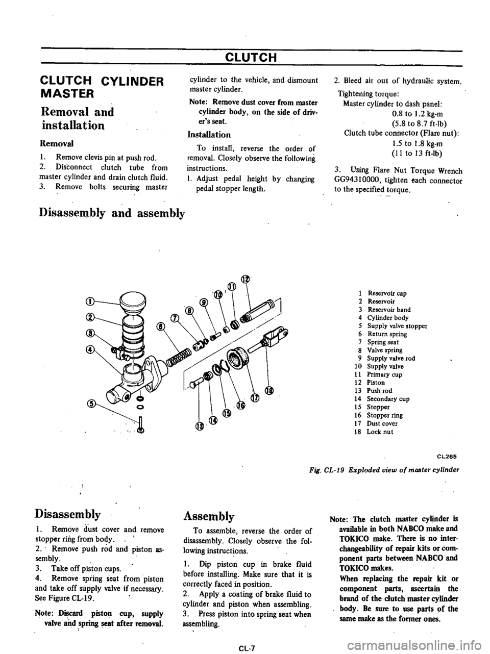 DATSUN PICK-UP 1977 Owners Guide
CLUTCH
CYLINDER
MASTER
Removal
and
installation
Removal
I
Remove
clcvis
pin
at
push
rod
2
Disconnect
clutch
tube
from
master
cylinder
and
drain
clutch
fluid
3
Remove
bolts
DATSUN PICK-UP 1977 Owners Guide
CLUTCH
CYLINDER
MASTER
Removal
and
installation
Removal
I
Remove
clcvis
pin
at
push
rod
2
Disconnect
clutch
tube
from
master
cylinder
and
drain
clutch
fluid
3
Remove
bolts