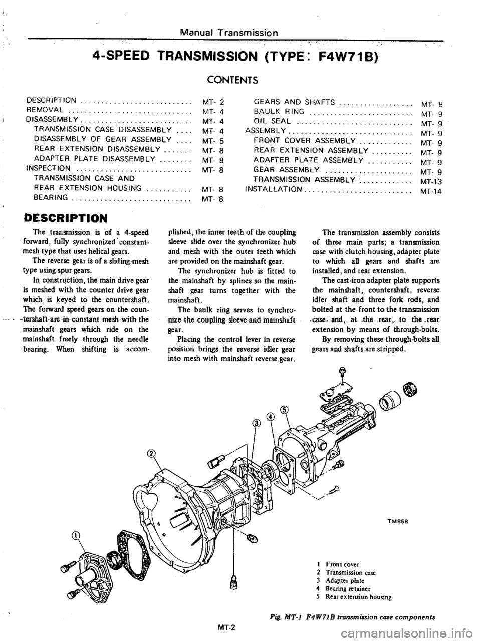 DATSUN PICK-UP 1977 Owners Manual
Manual
Transmission
4
SPEED
TRANSMISSION
TYPE
F4W71B
CONTENTS
DESCRIPTION
REMOVAL
DISASSEMBL
Y
TRANSMISSION
CASE
DISASSEMBLY
D
ISASSEMBL
Y
OF
GEAR
ASSEMBLY
REAR
EXTENSION
DISAS DATSUN PICK-UP 1977 Owners Manual
Manual
Transmission
4
SPEED
TRANSMISSION
TYPE
F4W71B
CONTENTS
DESCRIPTION
REMOVAL
DISASSEMBL
Y
TRANSMISSION
CASE
DISASSEMBLY
D
ISASSEMBL
Y
OF
GEAR
ASSEMBLY
REAR
EXTENSION
DISAS