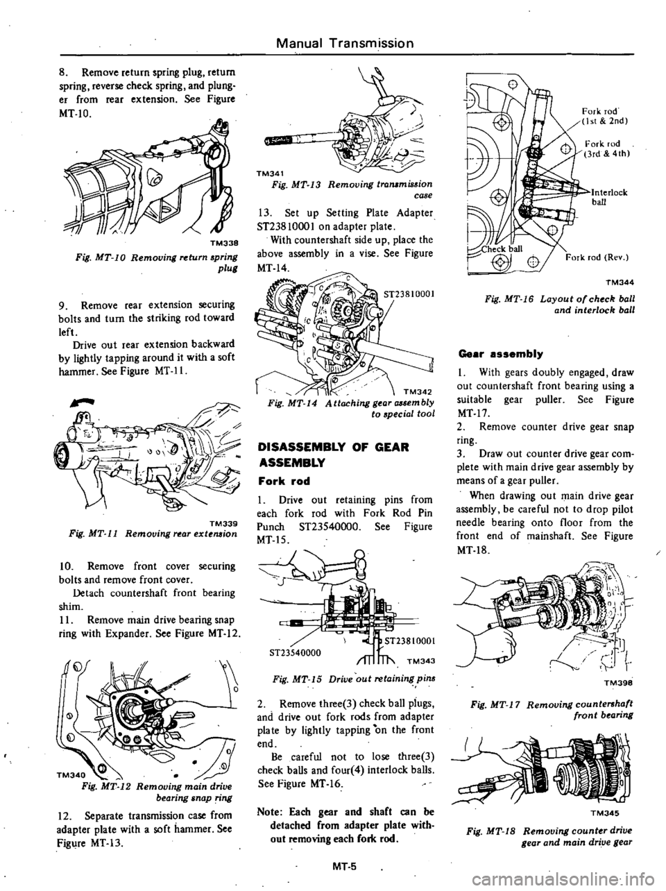 DATSUN PICK-UP 1977 User Guide
8
Remove
return
spring
plug
return
spring
reverse
check
spring
and
plung
er
from
rear
extension
See
Figure
MT
10
TM338
Fig
MT
10
Removing
return
spring
plull
9
Remove
re DATSUN PICK-UP 1977 User Guide
8
Remove
return
spring
plug
return
spring
reverse
check
spring
and
plung
er
from
rear
extension
See
Figure
MT
10
TM338
Fig
MT
10
Removing
return
spring
plull
9
Remove
re