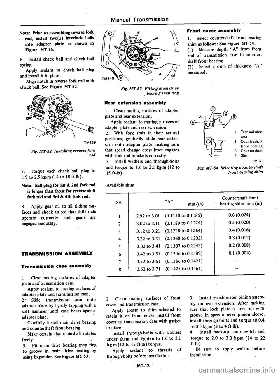 DATSUN PICK-UP 1977 Workshop Manual
Note
Prior
to
assembling
reverse
fork
rod
instaU
two
2
interlock
balls
into
adapter
piate
as
shown
in
Figure
MT
I6
6
Install
check
ball
and
check
ball
spring
Apply
seala DATSUN PICK-UP 1977 Workshop Manual
Note
Prior
to
assembling
reverse
fork
rod
instaU
two
2
interlock
balls
into
adapter
piate
as
shown
in
Figure
MT
I6
6
Install
check
ball
and
check
ball
spring
Apply
seala