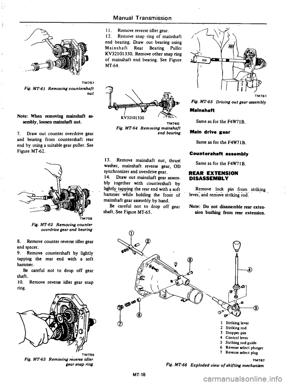 DATSUN PICK-UP 1977 Workshop Manual
TM757
Fig
MT
61
Removing
counterahaft
nut
Note
When
removing
mainshaft
as
sembly
loosen
mainshaft
nut
7
Draw
out
counter
overdrive
gear
and
bearing
from
countershaft
rear
en DATSUN PICK-UP 1977 Workshop Manual
TM757
Fig
MT
61
Removing
counterahaft
nut
Note
When
removing
mainshaft
as
sembly
loosen
mainshaft
nut
7
Draw
out
counter
overdrive
gear
and
bearing
from
countershaft
rear
en