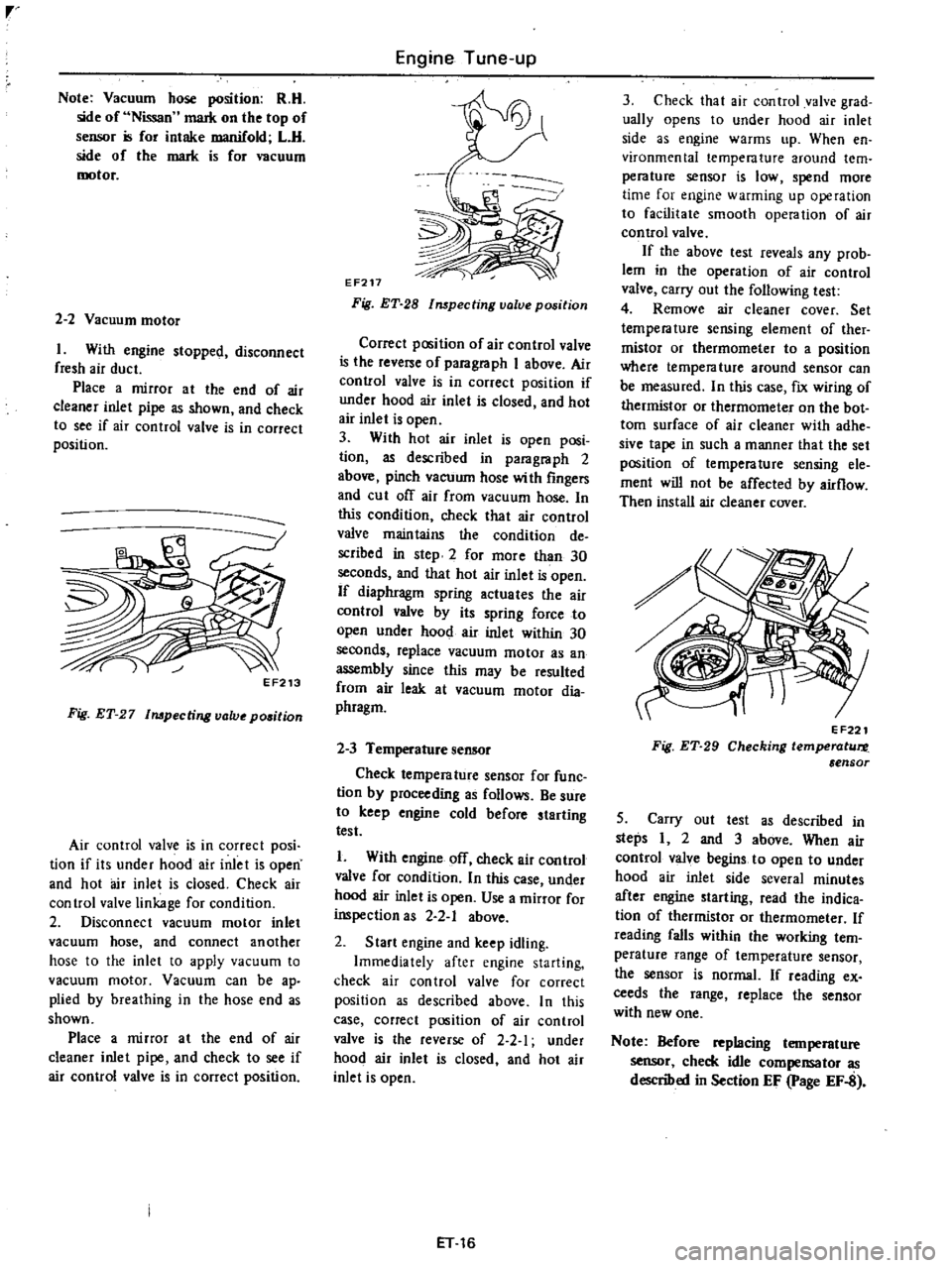 DATSUN PICK-UP 1977 Service Manual
Note
Vacuum
hose
position
R
R
side
of
Nissan
mark
on
the
top
of
sensor
for
intake
manifold
L
R
side
of
the
mark
is
for
vacuum
rootor
2
2
Vacuum
motor
I
With
engine
DATSUN PICK-UP 1977 Service Manual
Note
Vacuum
hose
position
R
R
side
of
Nissan
mark
on
the
top
of
sensor
for
intake
manifold
L
R
side
of
the
mark
is
for
vacuum
rootor
2
2
Vacuum
motor
I
With
engine