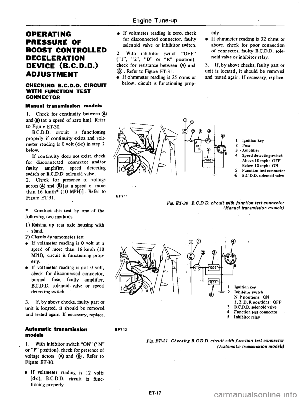 DATSUN PICK-UP 1977 Service Manual
OPERATI
NG
PRESSURE
OF
BOOST
CONTROLLED
DECELERATION
DEVICE
B
C
D
D
ADJUSTMENT
CHECKING
a
C
D
D
CIRCUIT
WITH
FUNCTION
TEST
CONNECTOR
Manual
transmission
models
I
Check
for DATSUN PICK-UP 1977 Service Manual
OPERATI
NG
PRESSURE
OF
BOOST
CONTROLLED
DECELERATION
DEVICE
B
C
D
D
ADJUSTMENT
CHECKING
a
C
D
D
CIRCUIT
WITH
FUNCTION
TEST
CONNECTOR
Manual
transmission
models
I
Check
for