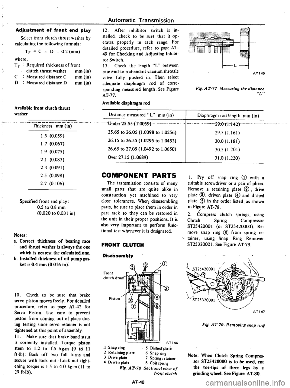 DATSUN PICK-UP 1977 Repair Manual
Adjustment
of
front
end
play
Sele
t
front
dutch
thrust
washer
by
calculating
the
following
formula
T
F
C
D
0
2
mm
where
T
F
Required
thickness
of
front
clutch
thrust
w DATSUN PICK-UP 1977 Repair Manual
Adjustment
of
front
end
play
Sele
t
front
dutch
thrust
washer
by
calculating
the
following
formula
T
F
C
D
0
2
mm
where
T
F
Required
thickness
of
front
clutch
thrust
w