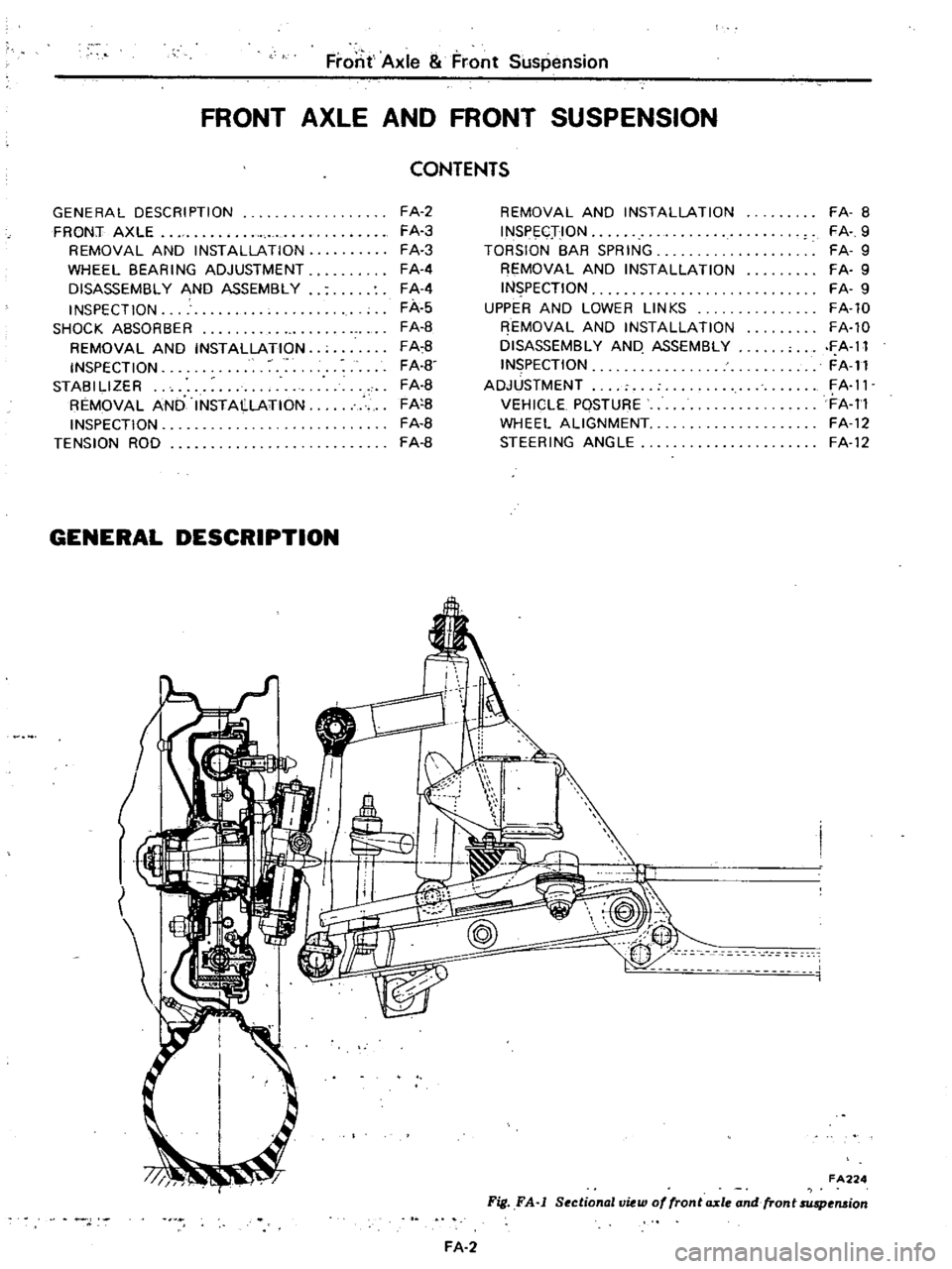 DATSUN PICK-UP 1977 Service Manual
Front
Axle
Front
Suspension
FRONT
AXLE
AND
FRONT
SUSPENSION
CONTENTS
GENERAL
DESCRIPTION
FRONT
AXLE
REMOVAL
AND
INSTALLATION
WHEEL
BEARING
ADJUSTMENT
DISASSEMBLY
AND
ASSEMBLY
I DATSUN PICK-UP 1977 Service Manual
Front
Axle
Front
Suspension
FRONT
AXLE
AND
FRONT
SUSPENSION
CONTENTS
GENERAL
DESCRIPTION
FRONT
AXLE
REMOVAL
AND
INSTALLATION
WHEEL
BEARING
ADJUSTMENT
DISASSEMBLY
AND
ASSEMBLY
I