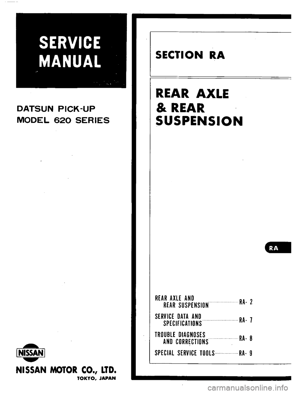 DATSUN PICK-UP 1977 Repair Manual 
DATSUN 
PICK 
UP

MODEL

620 
SERIES

I 
NISSAN

I

NISSAN 
MOTOR 
CO

LTD

TOKYO 
JAPAN 
SECTION 
RA

REAR

AXLE

REAR

SUSPENSION

REAR

AXlE 
AND

RA 
2

REAR

SUSPENSION

SERVICE 
DATA 
AND

RA 
