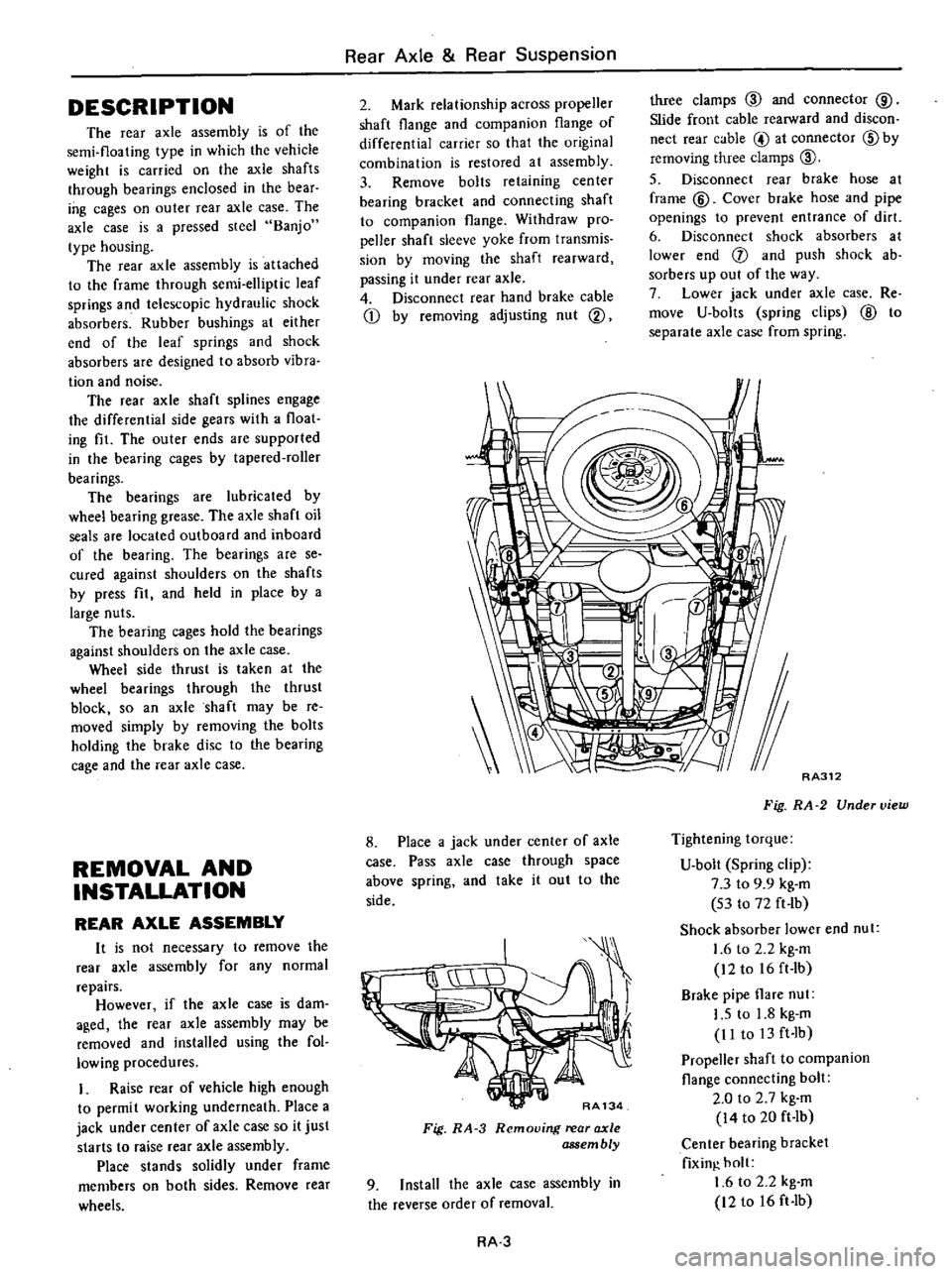 DATSUN PICK-UP 1977 Service Manual
DESCRIPTION
The
rear
axle
assembly
is
of
the
semi
floating
type
in
which
the
vehicle
weight
is
carried
on
the
axle
shafts
through
bearings
enclosed
in
the
bear
ing
cages DATSUN PICK-UP 1977 Service Manual
DESCRIPTION
The
rear
axle
assembly
is
of
the
semi
floating
type
in
which
the
vehicle
weight
is
carried
on
the
axle
shafts
through
bearings
enclosed
in
the
bear
ing
cages