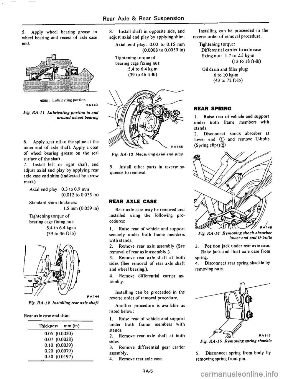 DATSUN PICK-UP 1977 Service Manual
S
Apply
wheel
bearing
grease
in
wheel
bearing
and
recess
of
axle
case
end
Lubricating
portion
AA143
Fig
RA
l1
Lubricating
portion
in
and
around
wheel
bearing
6
Apply
gear DATSUN PICK-UP 1977 Service Manual
S
Apply
wheel
bearing
grease
in
wheel
bearing
and
recess
of
axle
case
end
Lubricating
portion
AA143
Fig
RA
l1
Lubricating
portion
in
and
around
wheel
bearing
6
Apply
gear