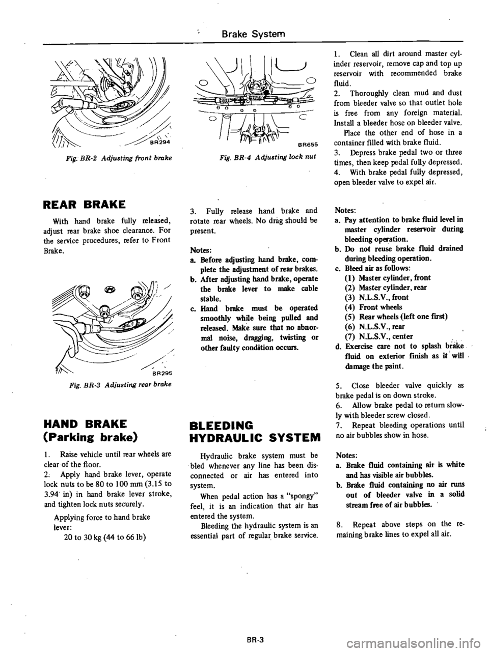 DATSUN PICK-UP 1977 Service Manual
Fip
BR
2
Adjusting
front
brake
REAR
BRAKE
With
hand
brake
fully
released
adjust
rear
brake
shoe
clearance
For
the
service
procedures
refer
to
Front
Brake
Fig
BR
3
Adjusti DATSUN PICK-UP 1977 Service Manual
Fip
BR
2
Adjusting
front
brake
REAR
BRAKE
With
hand
brake
fully
released
adjust
rear
brake
shoe
clearance
For
the
service
procedures
refer
to
Front
Brake
Fig
BR
3
Adjusti