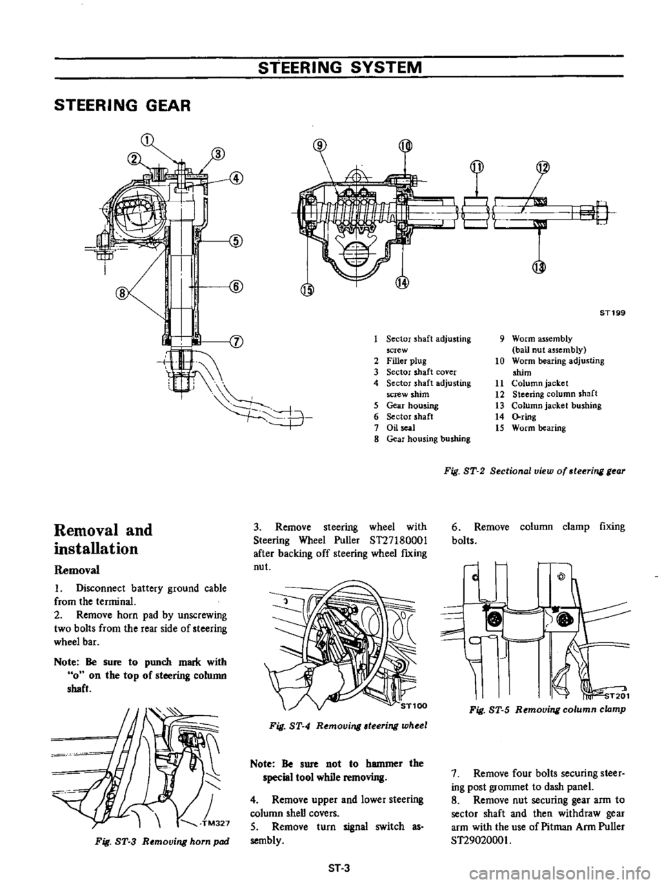 DATSUN PICK-UP 1977 User Guide
STEERING
GEAR
Removal
and
installation
Removal
I
Disconnect
battery
ground
cable
from
the
terminal
2
Remove
horn
pad
by
unscrewing
two
bolts
from
the
rear
side
of
steering
DATSUN PICK-UP 1977 User Guide
STEERING
GEAR
Removal
and
installation
Removal
I
Disconnect
battery
ground
cable
from
the
terminal
2
Remove
horn
pad
by
unscrewing
two
bolts
from
the
rear
side
of
steering