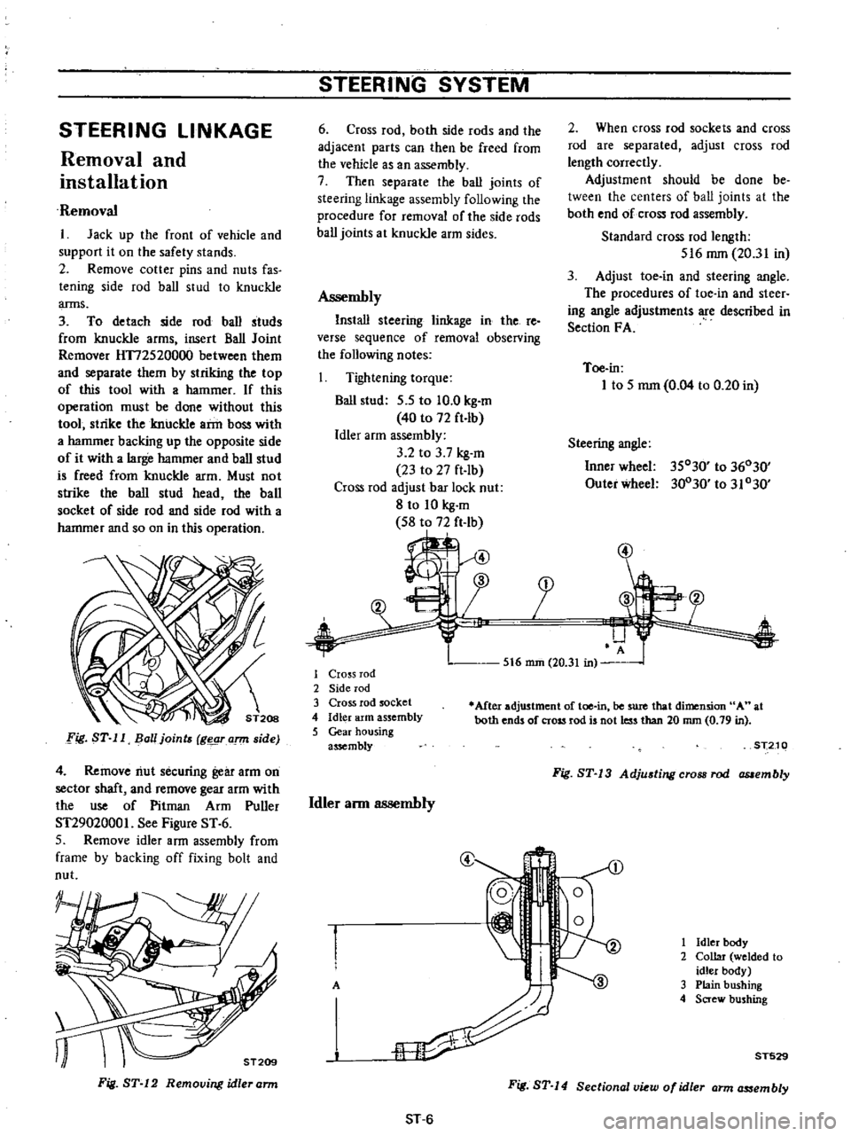 DATSUN PICK-UP 1977 Service Manual
STEERING
LINKAGE
Removal
and
installation
Removal
I
Jack
up
the
front
of
vehicle
and
support
it
on
the
safety
stands
2
Remove
cotter
pins
and
nuts
fas
tening
side
rod
ba DATSUN PICK-UP 1977 Service Manual
STEERING
LINKAGE
Removal
and
installation
Removal
I
Jack
up
the
front
of
vehicle
and
support
it
on
the
safety
stands
2
Remove
cotter
pins
and
nuts
fas
tening
side
rod
ba