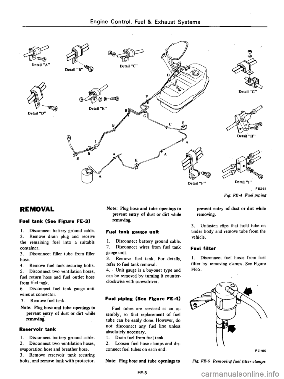 DATSUN PICK-UP 1977  Service Manual 
Detail 
A

Detail 
D

REMOVAL 
Engine 
Control 
Fuel

Exhaust

Systems

Detail 
Bn 
4

Detail 
e

@

Detail 
E

B

Fuel 
tank 
See

Figure 
FE 
a

I 
Disconnect

battery

ground 
cable

2 
Remove 
dr