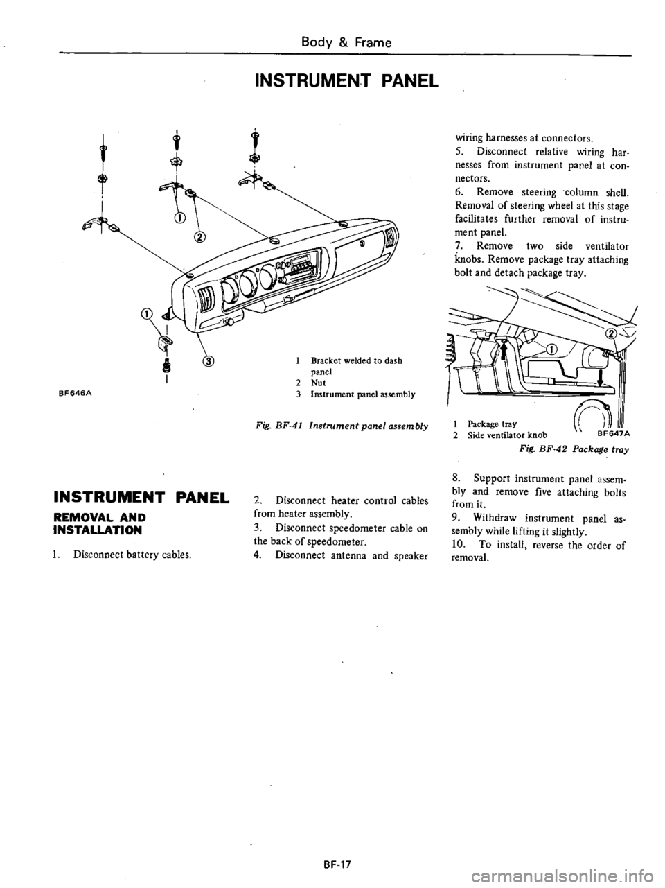 DATSUN PICK-UP 1977 Owners Manual
BF646A
Body
Frame
INSTRUMENT
PANEL
1
Bracket
welded
to
dash
panel
2
Nut
3
Instrument
panel
assembly
Fig
BF
41
Instrument
panel
assembly
INSTRUMENT
PANEL
REMOVAL
AND
INSTALL DATSUN PICK-UP 1977 Owners Manual
BF646A
Body
Frame
INSTRUMENT
PANEL
1
Bracket
welded
to
dash
panel
2
Nut
3
Instrument
panel
assembly
Fig
BF
41
Instrument
panel
assembly
INSTRUMENT
PANEL
REMOVAL
AND
INSTALL