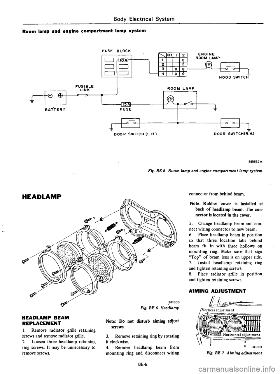 DATSUN PICK-UP 1977 Service Manual
Body
Electrical
System
Room
lamp
and
engine
compartment
lamp
system
FUSE
BLOC
K
C
J
QA
C
J
CJ
CJ
CJ
1
100
I
2
I
I
t1
Wf
t
fi
FUSIBLE
LINK
ROOM
LAMP
t
I
6
I
II
lA
DATSUN PICK-UP 1977 Service Manual
Body
Electrical
System
Room
lamp
and
engine
compartment
lamp
system
FUSE
BLOC
K
C
J
QA
C
J
CJ
CJ
CJ
1
100
I
2
I
I
t1
Wf
t
fi
FUSIBLE
LINK
ROOM
LAMP
t
I
6
I
II
lA