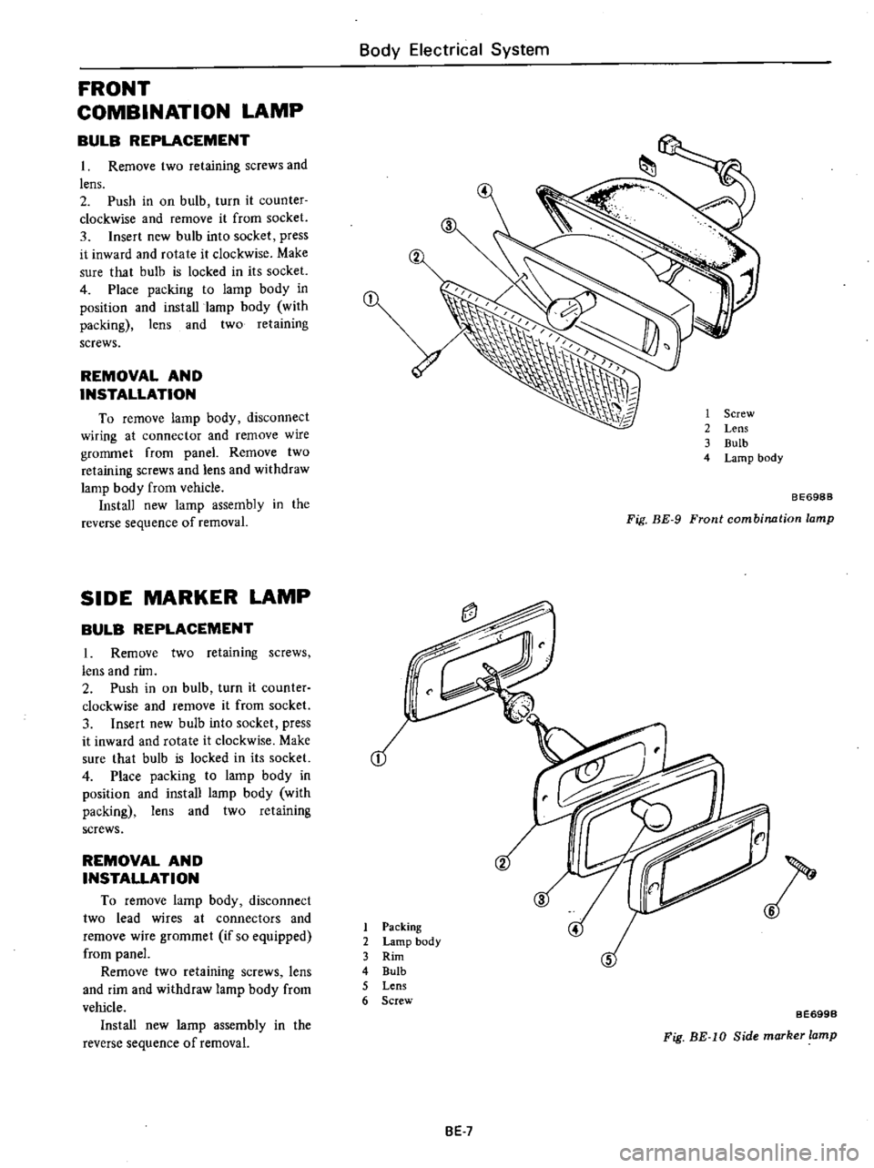 DATSUN PICK-UP 1977 Owners Manual
FRONT
COMBINATION
LAMP
BULB
REPLACEMENT
1
Remove
two
retaining
screws
and
lens
2
Push
in
on
bulb
turn
it
counter
clockwise
and
remove
it
from
socket
3
Insert
new
bulb
in DATSUN PICK-UP 1977 Owners Manual
FRONT
COMBINATION
LAMP
BULB
REPLACEMENT
1
Remove
two
retaining
screws
and
lens
2
Push
in
on
bulb
turn
it
counter
clockwise
and
remove
it
from
socket
3
Insert
new
bulb
in