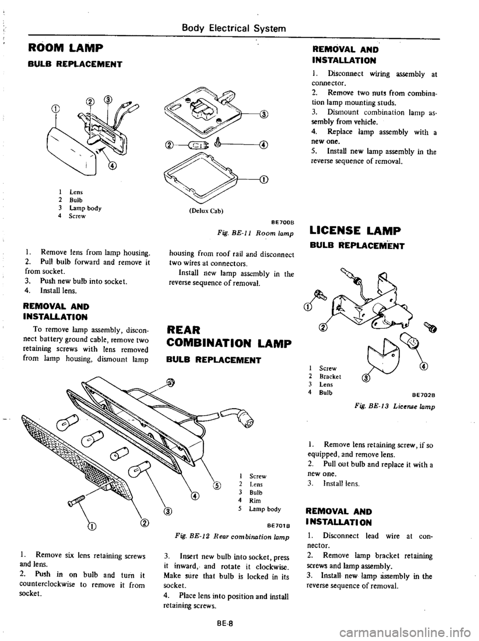 DATSUN PICK-UP 1977 Owners Manual
ROOM
LAMP
BULB
REPLACEMENT
1
Lens
2
Bulb
3
Lamp
body
4
Screw
Remove
lens
from
lamp
housing
2
Pull
bulb
forward
and
remove
it
from
socket
3
Push
new
bulb
into
socket
4 DATSUN PICK-UP 1977 Owners Manual
ROOM
LAMP
BULB
REPLACEMENT
1
Lens
2
Bulb
3
Lamp
body
4
Screw
Remove
lens
from
lamp
housing
2
Pull
bulb
forward
and
remove
it
from
socket
3
Push
new
bulb
into
socket
4