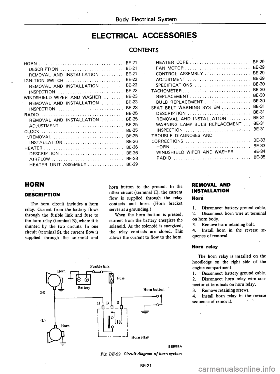 DATSUN PICK-UP 1977 User Guide
Body
Electrical
System
ELECTRICAL
ACCESSORIES
CONTENTS
HORN
DESCRIPTION
REMOVAL
AND
INSTALLATION
IGNITION
SWITCH
REMOVAL
AND
INSTALLATION
INSPECTION
WINDSHIELD
WIPER
AND
WASHER
R DATSUN PICK-UP 1977 User Guide
Body
Electrical
System
ELECTRICAL
ACCESSORIES
CONTENTS
HORN
DESCRIPTION
REMOVAL
AND
INSTALLATION
IGNITION
SWITCH
REMOVAL
AND
INSTALLATION
INSPECTION
WINDSHIELD
WIPER
AND
WASHER
R