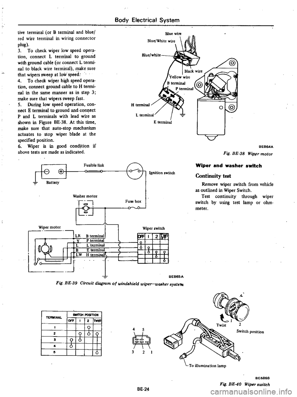 DATSUN PICK-UP 1977 Service Manual
Body
Electrical
System
tive
terminal
or
B
terminal
and
blue
red
wire
terminal
in
wiring
connector
plug
3
To
check
wiper
low
speed
opera
tion
connect
L
terminal
to
ground
DATSUN PICK-UP 1977 Service Manual
Body
Electrical
System
tive
terminal
or
B
terminal
and
blue
red
wire
terminal
in
wiring
connector
plug
3
To
check
wiper
low
speed
opera
tion
connect
L
terminal
to
ground