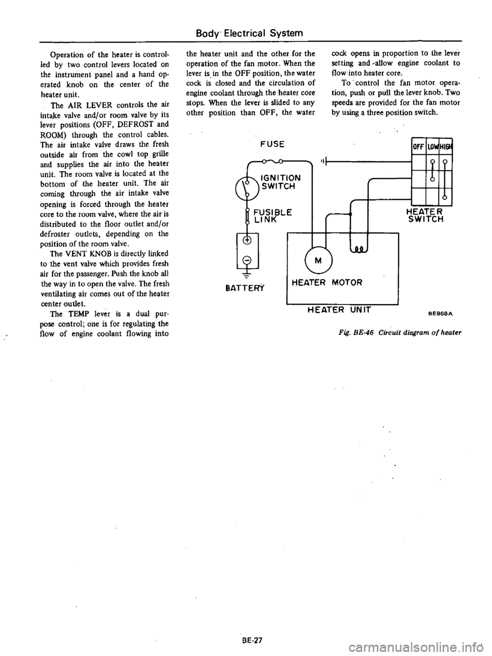 DATSUN PICK-UP 1977 Service Manual
Operation
of
the
heater
is
control
led
by
two
control
levers
located
on
the
instrument
panel
and
a
hand
op
erated
knob
on
the
center
of
the
heater
unit
The
AIR
LEVER
c DATSUN PICK-UP 1977 Service Manual
Operation
of
the
heater
is
control
led
by
two
control
levers
located
on
the
instrument
panel
and
a
hand
op
erated
knob
on
the
center
of
the
heater
unit
The
AIR
LEVER
c