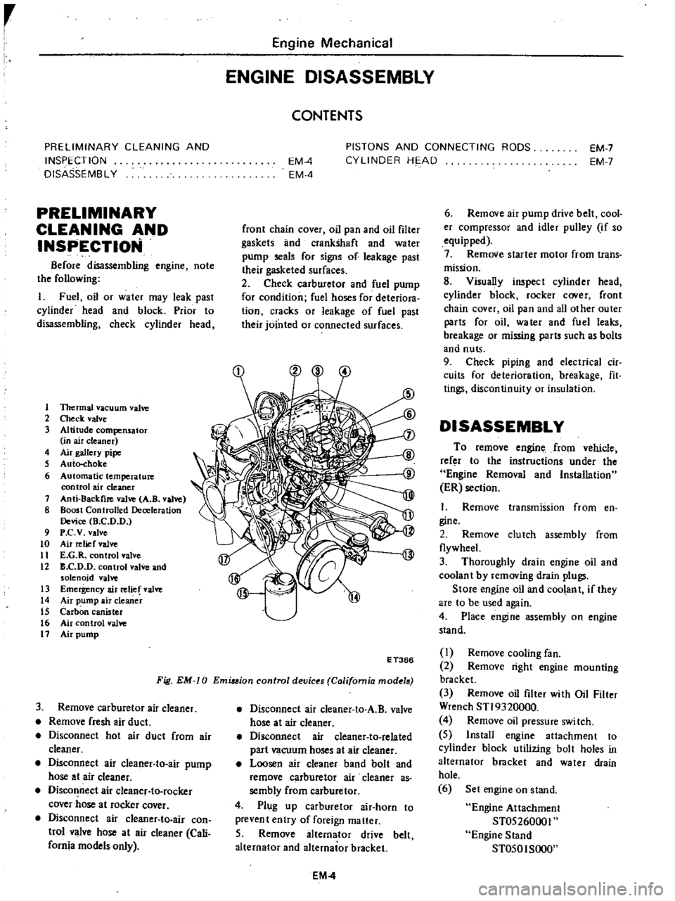 DATSUN PICK-UP 1977  Service Manual 
r

I

I

PRELIMINARY 
CLEANING 
AND

INSPECTION

DISASSEMBL 
Y

PRELIMINARY

CLEANING 
AND

INSt

ECTION

Before

disassembling

engine 
note

the

following

I 
Fuel

oil 
or 
water

may 
leak

past