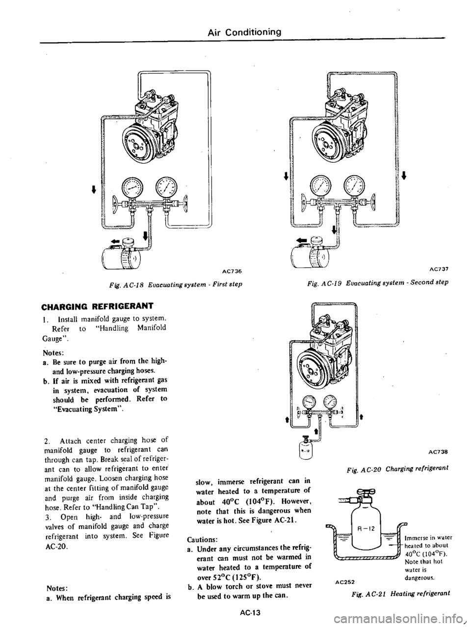 DATSUN PICK-UP 1977 Service Manual
J
I
1
Air
Conditioning
J
lJ
R
J
g
j
ru
Fig
A
C
l8
Euacuating
system
First
step
AC736
Fig
AC
19
Euacuatingsystem
Second
step
AC737
CHARGING
REFRIGERANT
I
Install
manifold DATSUN PICK-UP 1977 Service Manual
J
I
1
Air
Conditioning
J
lJ
R
J
g
j
ru
Fig
A
C
l8
Euacuating
system
First
step
AC736
Fig
AC
19
Euacuatingsystem
Second
step
AC737
CHARGING
REFRIGERANT
I
Install
manifold