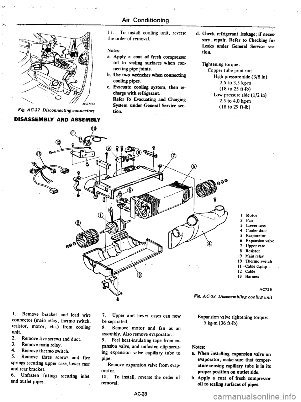 DATSUN PICK-UP 1977 Owners Guide
I
o
Fig
AC
37
Disconnectirt
connector
3
DISASSEMBLY
AND
ASSEMBLY
I
Remove
bracket
and
lead
wire
connector
main
relay
thermo
switch
resistor
motor
etc
from
cooling
unit
2
R DATSUN PICK-UP 1977 Owners Guide
I
o
Fig
AC
37
Disconnectirt
connector
3
DISASSEMBLY
AND
ASSEMBLY
I
Remove
bracket
and
lead
wire
connector
main
relay
thermo
switch
resistor
motor
etc
from
cooling
unit
2
R