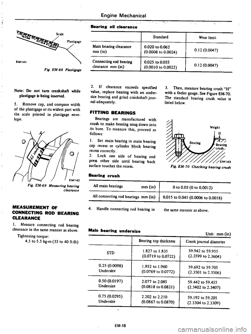 DATSUN PICK-UP 1977 Owners Guide
Fig
EM
68
P14stigage
Note
Do
not
tum
crankshaft
while
plastigage
is
being
inserted
5
Remove
cap
and
compare
width
of
the
plastigage
at
its
widest
part
with
the
scale
pri DATSUN PICK-UP 1977 Owners Guide
Fig
EM
68
P14stigage
Note
Do
not
tum
crankshaft
while
plastigage
is
being
inserted
5
Remove
cap
and
compare
width
of
the
plastigage
at
its
widest
part
with
the
scale
pri