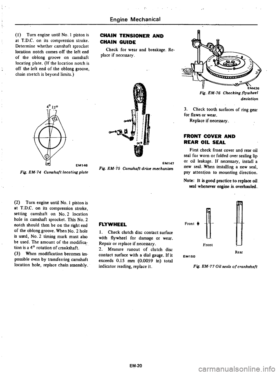DATSUN PICK-UP 1977  Service Manual 
I 
Turn

engine 
until 
No

I

piston 
is

at 
T 
D 
C 
on

its

compression 
stroke

Determine

whether 
camshaft

sprocket

location 
notch 
comes

off 
the 
left 
end

of 
the

oblong 
groove 
on 