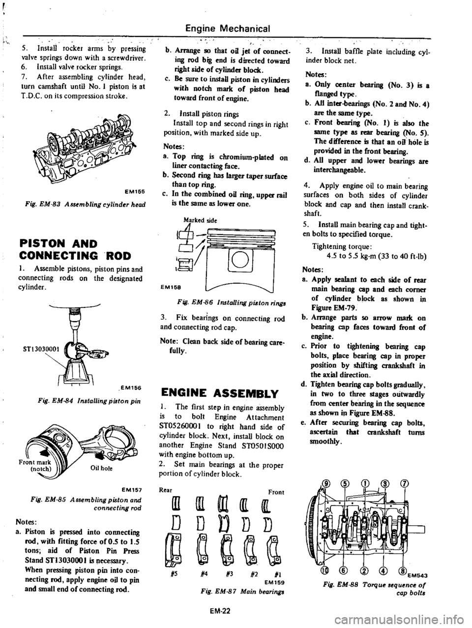 DATSUN PICK-UP 1977 Workshop Manual 
5 
Install 
rocker 
arms

by

pressing

valve

springs 
down 
with 
a 
screwdriver

6 
Install 
valve 
rocker

springs

7 
After

assembling 
cylinder 
head

turn 
camshaft 
until 
No 
I

piston 
is 