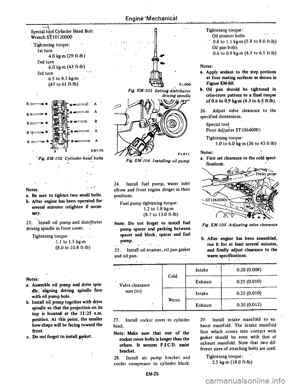 DATSUN PICK-UP 1977 Service Manual
Speci
ol
Cylinder
Head
Bolt
Wren
h
8110120000
Tightening
torque
1st
turn
4
0
kg
m
29
ft
lb
2nd
turn
6
0
kg
m
43
ft
lb
3rd
turn
6
5
to
8
5
kg
m
47
to
61
ft
lb
DATSUN PICK-UP 1977 Service Manual
Speci
ol
Cylinder
Head
Bolt
Wren
h
8110120000
Tightening
torque
1st
turn
4
0
kg
m
29
ft
lb
2nd
turn
6
0
kg
m
43
ft
lb
3rd
turn
6
5
to
8
5
kg
m
47
to
61
ft
lb