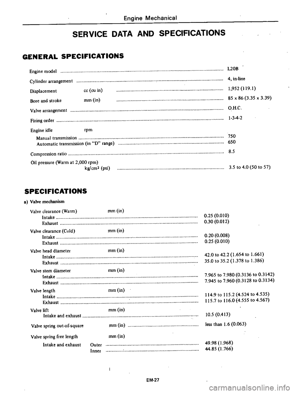 DATSUN PICK-UP 1977  Service Manual 
Engine 
Mechanical

SERVICE 
DATA 
AND 
SPECIFICATIONS

GENERAL 
SPECIFICATIONS

Engine 
model 
L20B

Cylinder 
arrangement

Displacemen 
t

Bore 
and 
stroke 
4 
in

line

cc 
co 
in

mm 
in 
1

952