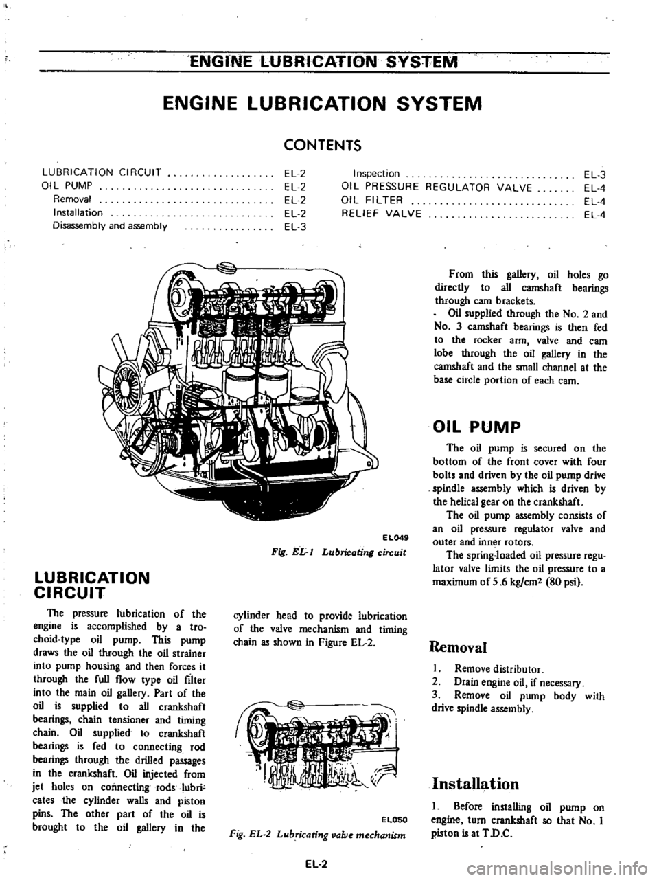 DATSUN PICK-UP 1977 Manual PDF
ENGINE
LUBRICATION
SYSTEM
ENGINE
LUBRICATION
SYSTEM
CONTENTS
LUBRICATION
CIRCUIT
01
L
PUMP
Removal
Installation
Disassembly
and
assembly
EL
2
EL
2
EL
2
EL
2
EL
3
Inspection DATSUN PICK-UP 1977 Manual PDF
ENGINE
LUBRICATION
SYSTEM
ENGINE
LUBRICATION
SYSTEM
CONTENTS
LUBRICATION
CIRCUIT
01
L
PUMP
Removal
Installation
Disassembly
and
assembly
EL
2
EL
2
EL
2
EL
2
EL
3
Inspection