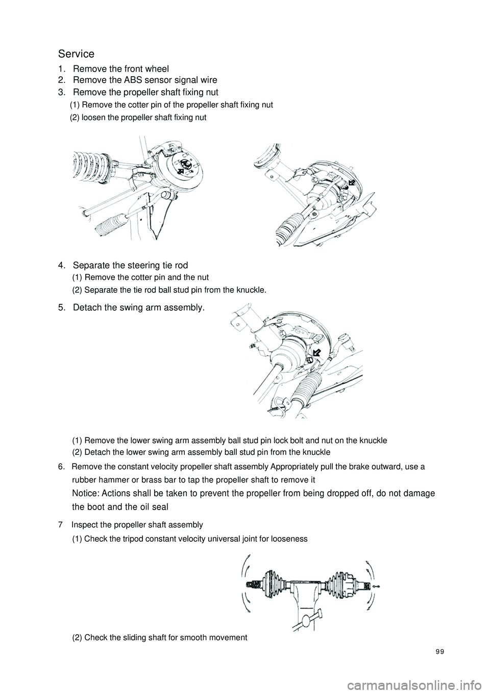 GEELY CK 2008 Workshop Manual 99Service1. Remove the front wheel
2. Remove the ABS sensor signal wire
3. Remove the propeller shaft fixing nut
(1) Remove the cotter pin of the propeller shaft fixing nut
(2) loosen the propeller sh GEELY CK 2008 Workshop Manual 99Service1. Remove the front wheel
2. Remove the ABS sensor signal wire
3. Remove the propeller shaft fixing nut
(1) Remove the cotter pin of the propeller shaft fixing nut
(2) loosen the propeller sh