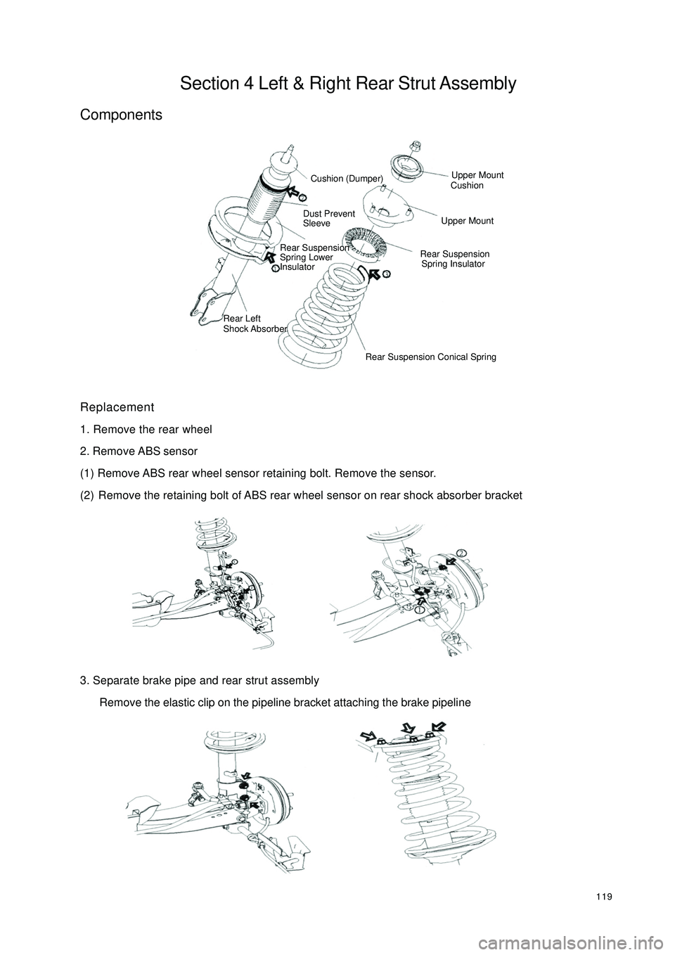 GEELY CK 2008 Owners Guide 119Section 4 Left & Right Rear Strut AssemblyComponentsReplacement
1. Remove the rear wheel
2. Remove ABS sensor
(1) Remove ABS rear wheel sensor retaining bolt. Remove the sensor.
(2) Remove the reta GEELY CK 2008 Owners Guide 119Section 4 Left & Right Rear Strut AssemblyComponentsReplacement
1. Remove the rear wheel
2. Remove ABS sensor
(1) Remove ABS rear wheel sensor retaining bolt. Remove the sensor.
(2) Remove the reta