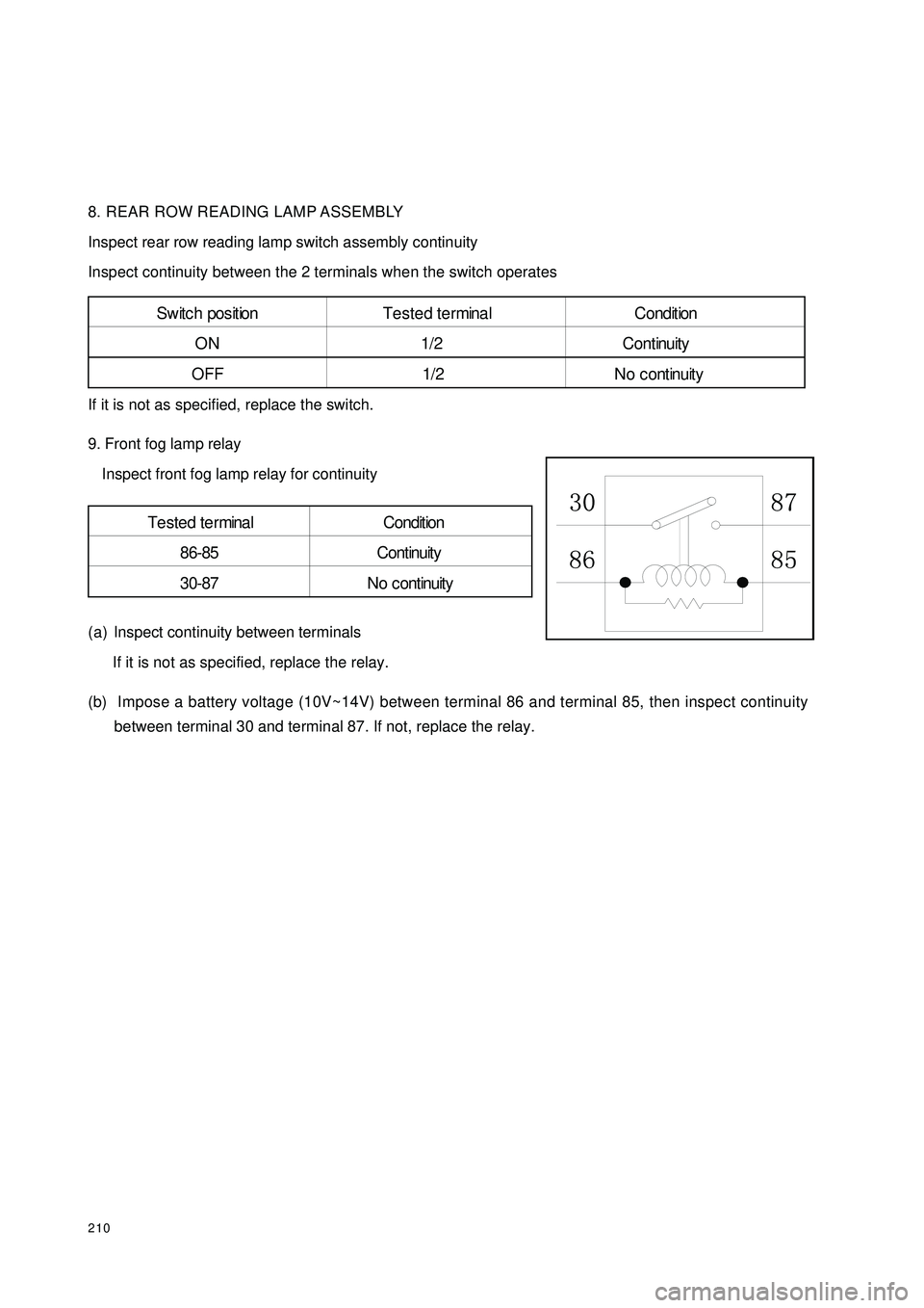 GEELY CK 2008 Workshop Manual 2108. REAR ROW READING LAMP ASSEMBLY
Inspect rear row reading lamp switch assembly continuity
Inspect continuity between the 2 terminals when the switch operates
If it is not as specified, replace the GEELY CK 2008 Workshop Manual 2108. REAR ROW READING LAMP ASSEMBLY
Inspect rear row reading lamp switch assembly continuity
Inspect continuity between the 2 terminals when the switch operates
If it is not as specified, replace the