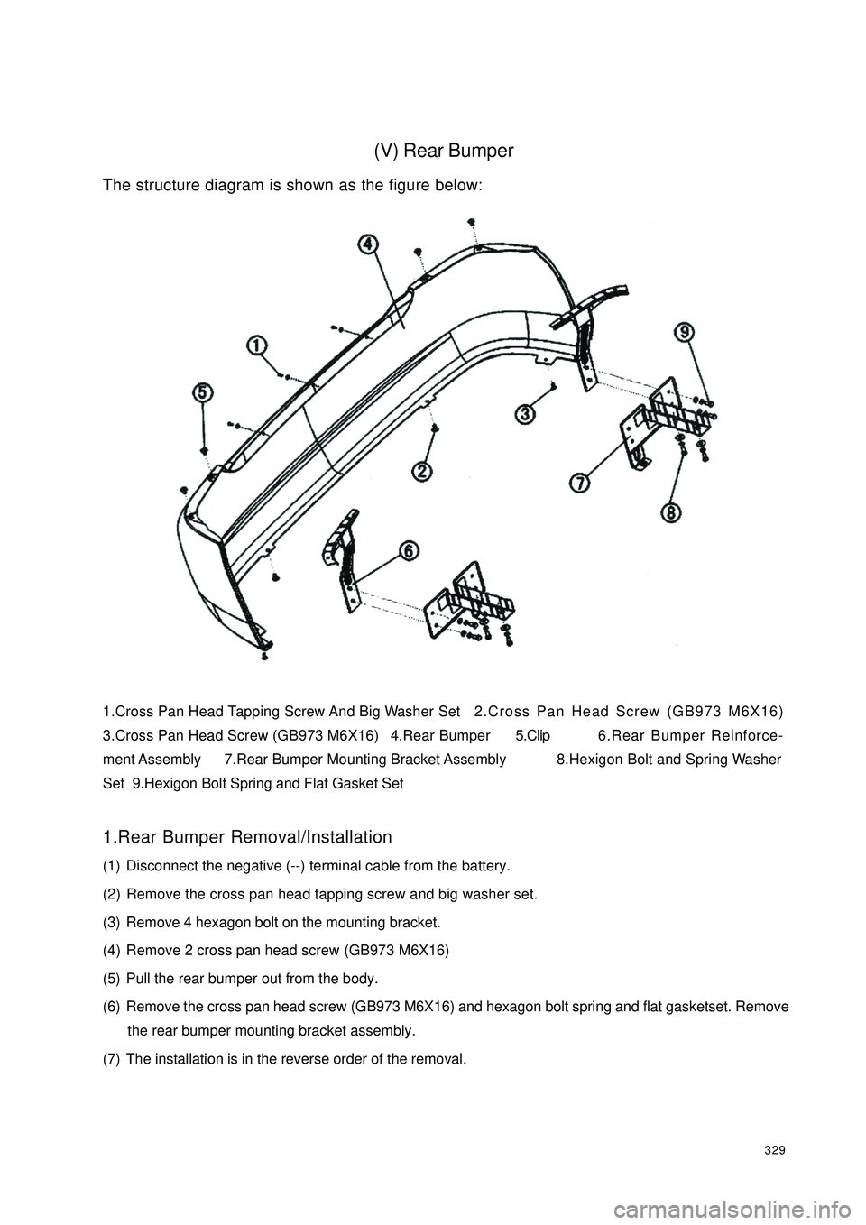 GEELY CK 2008  Workshop Manual 329(V) Rear BumperThe structure diagram is shown as the figure below:
1.Cross Pan Head Tapping Screw And Big Washer Set2.Cross Pan Head Screw (GB973 M6X16)
3.Cross Pan Head Screw (GB973 M6X16) 4.Rear 