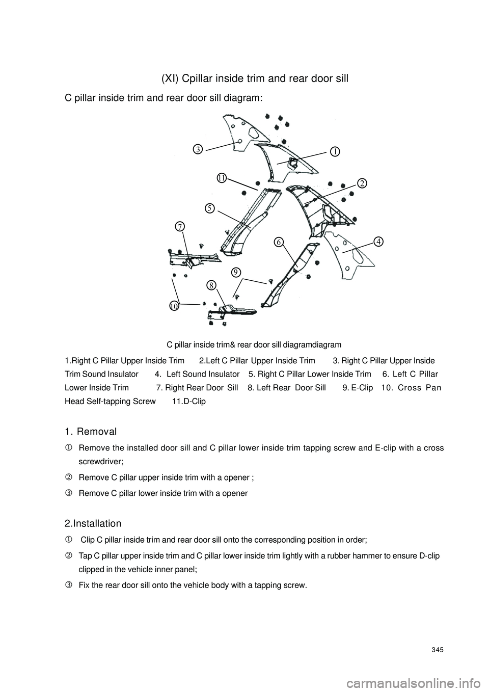 GEELY CK 2008 User Guide 345(XI) Cpillar inside trim and rear door sillC pillar inside trim and rear door sill diagram:
C pillar inside trim& rear door sill diagramdiagram
1.Right C Pillar Upper Inside Trim 2.Left C Pillar Up GEELY CK 2008 User Guide 345(XI) Cpillar inside trim and rear door sillC pillar inside trim and rear door sill diagram:
C pillar inside trim& rear door sill diagramdiagram
1.Right C Pillar Upper Inside Trim 2.Left C Pillar Up