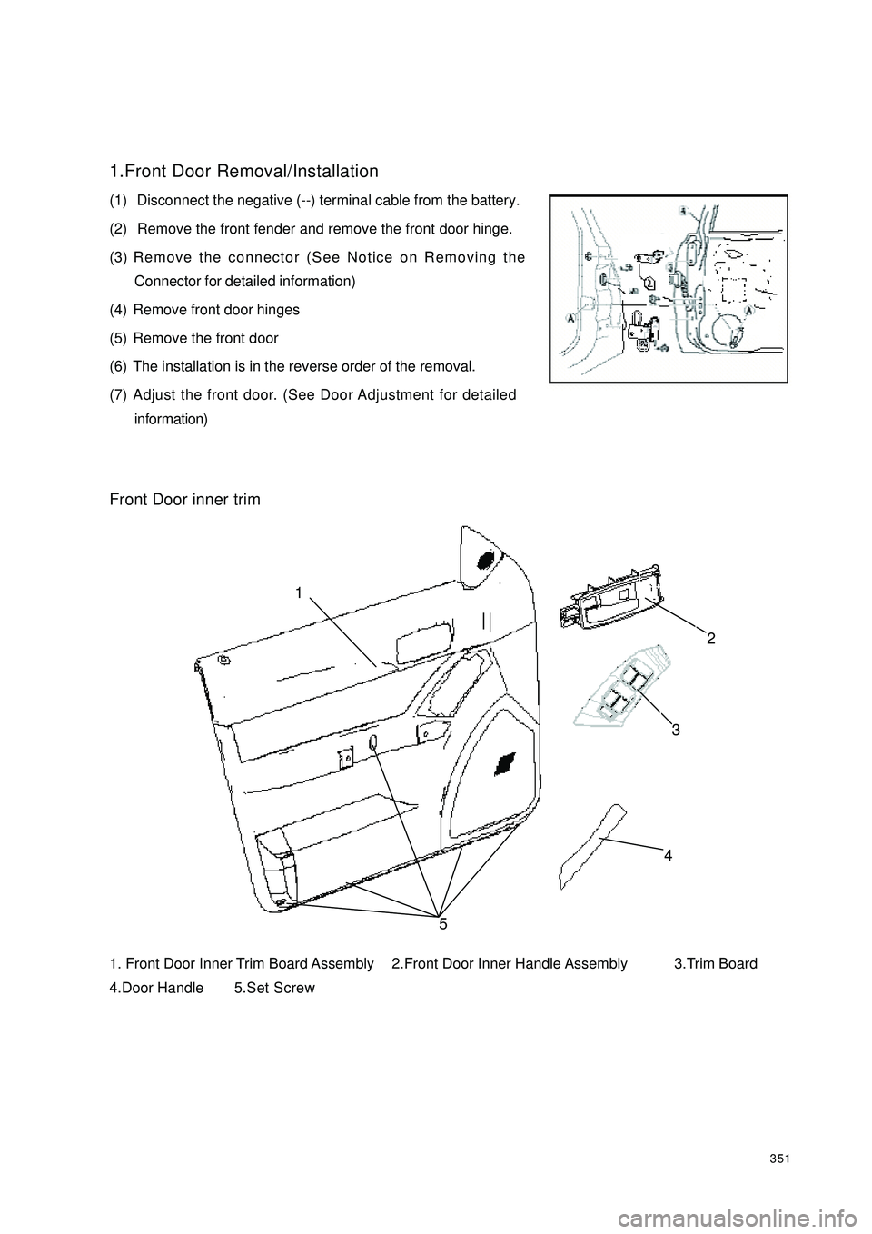 GEELY CK 2008  Workshop Manual 3511.Front Door Removal/Installation
(1)  Disconnect the negative (--) terminal cable from the battery.
(2)  Remove the front fender and remove the front door hinge.
(3) Remove the connector (See Noti