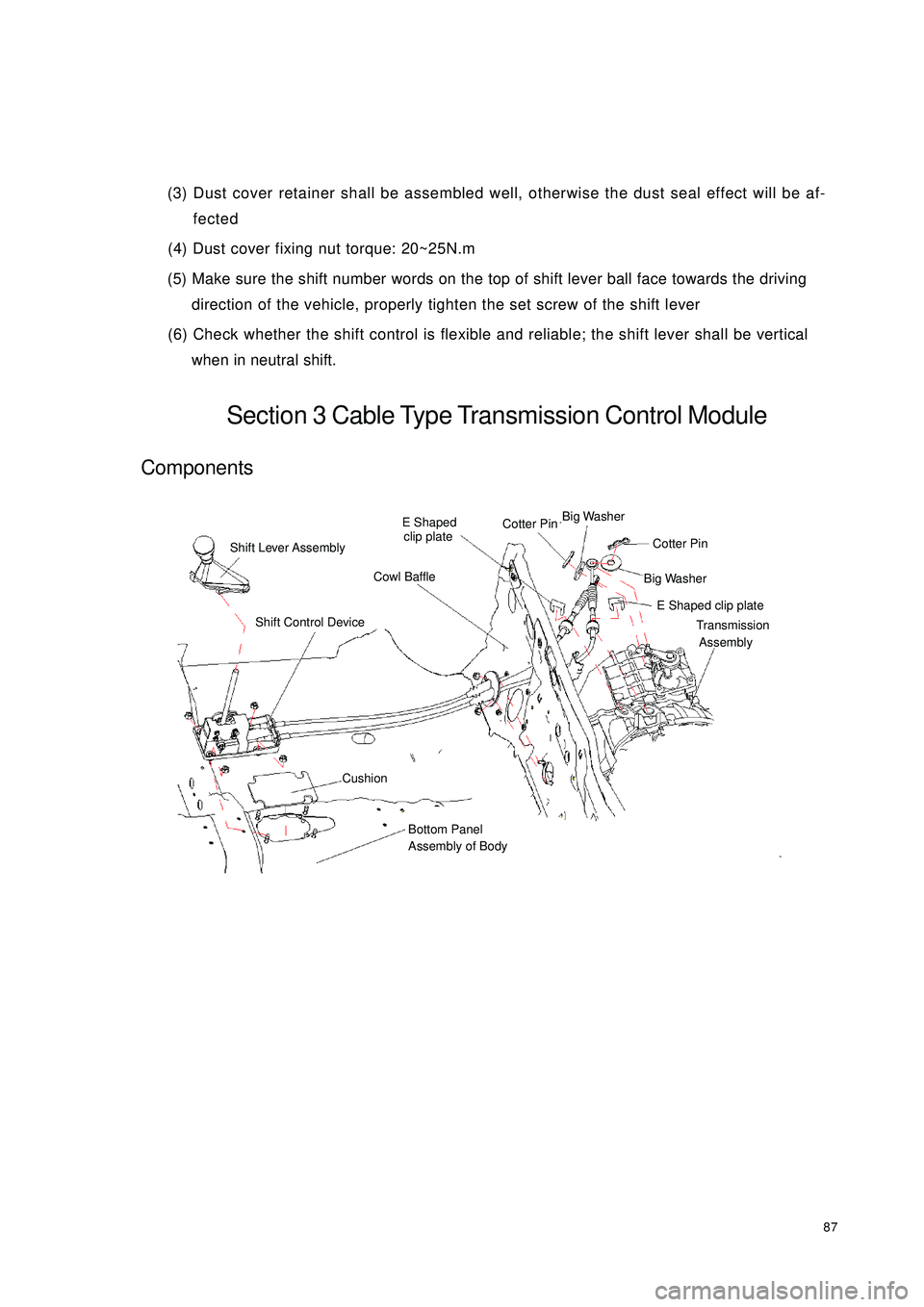 GEELY CK 2008 Workshop Manual 87(3) Dust cover retainer shall be assembled well, otherwise the dust seal effect will be af-
fected
(4) Dust cover fixing nut torque: 20~25N.m
(5) Make sure the shift number words on the top of shi GEELY CK 2008 Workshop Manual 87(3) Dust cover retainer shall be assembled well, otherwise the dust seal effect will be af-
fected
(4) Dust cover fixing nut torque: 20~25N.m
(5) Make sure the shift number words on the top of shi