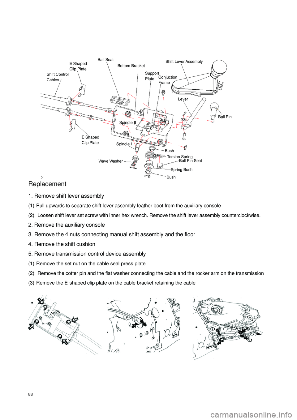 GEELY CK 2008 Workshop Manual 88Replacement1. Remove shift lever assembly
(1) Pull upwards to separate shift lever assembly leather boot from the auxiliary console
(2) Loosen shift lever set screw with inner hex wrench. Remove th GEELY CK 2008 Workshop Manual 88Replacement1. Remove shift lever assembly
(1) Pull upwards to separate shift lever assembly leather boot from the auxiliary console
(2) Loosen shift lever set screw with inner hex wrench. Remove th
